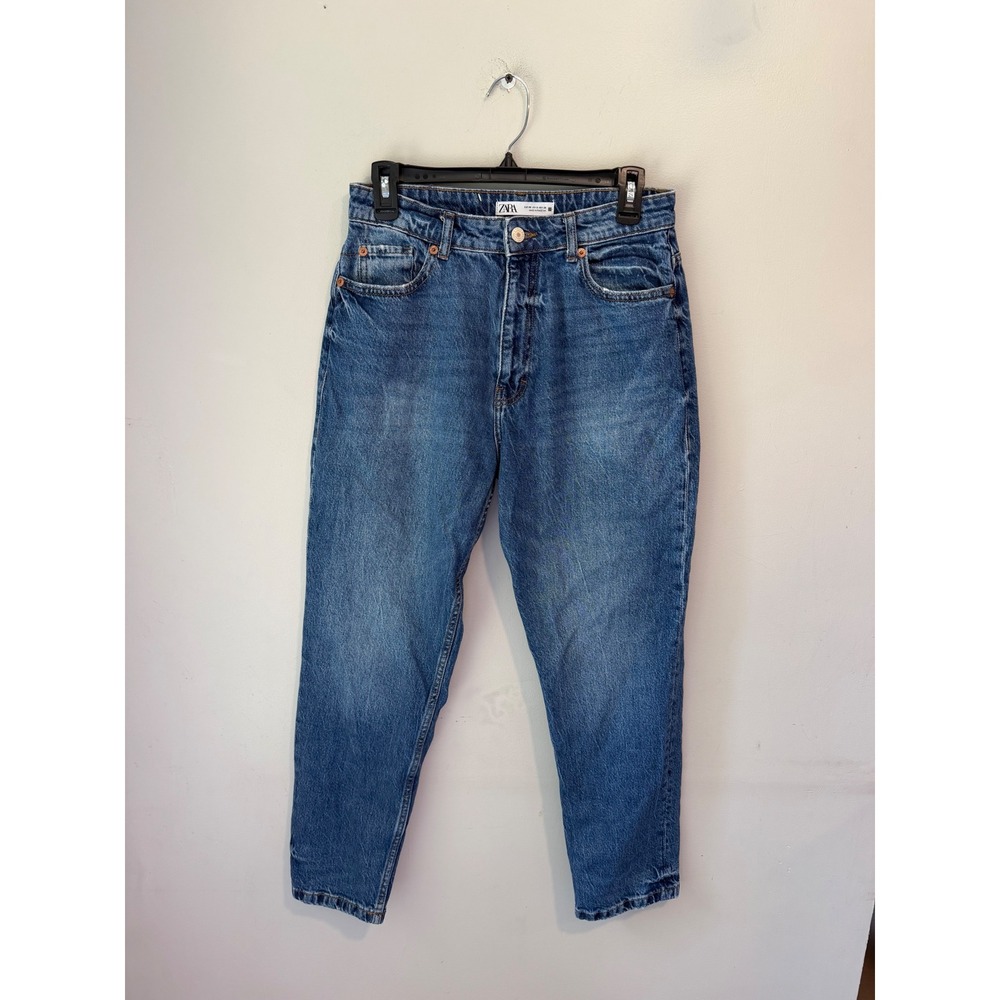 Zara Women Medium Wash High Waisted Mom Jeans Blue Tapered Leg Size 6 US 38 EUR